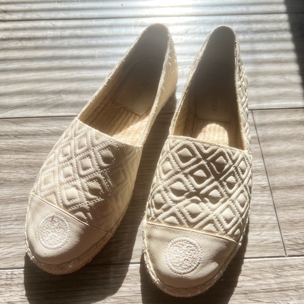 Tory Burch cream leather flat woven espadrille sneaker